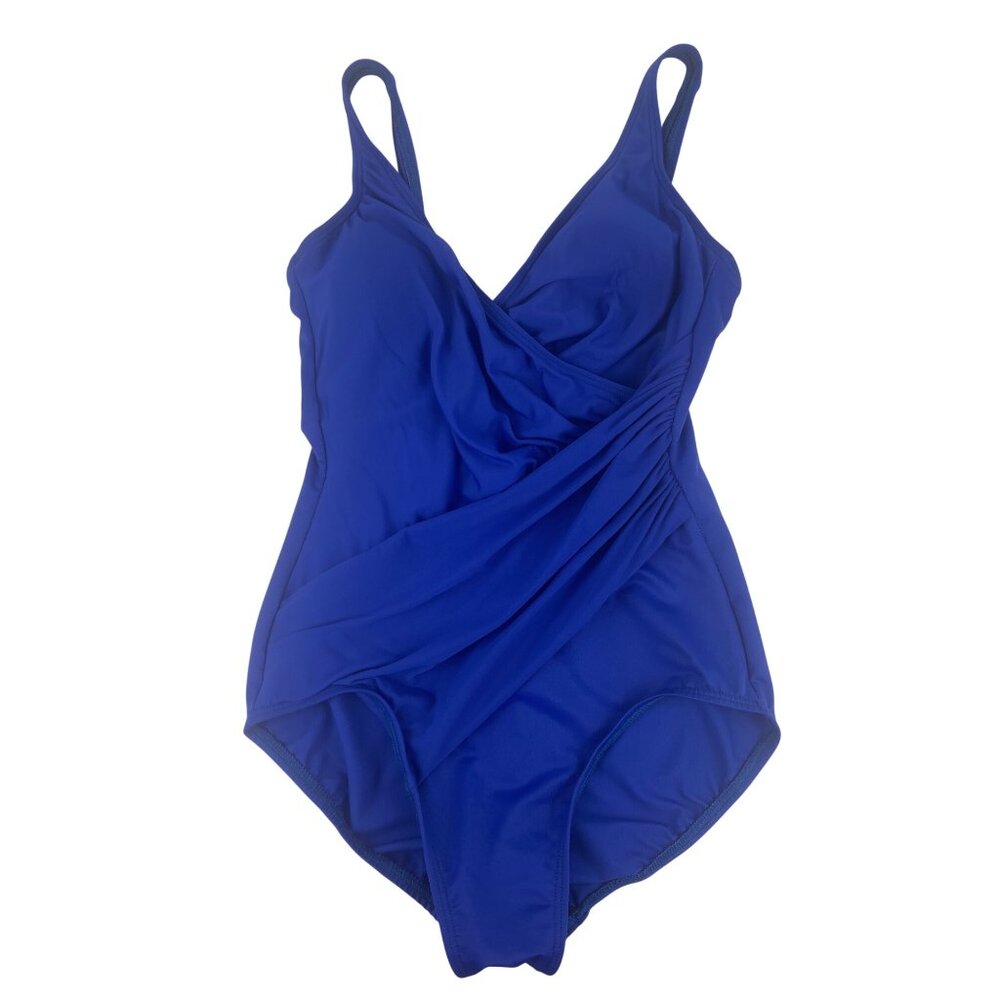 Miraclesuit Women's 10 Oceanus Slimming Faux Wrap Ruched One Piece Swimsuit Blue